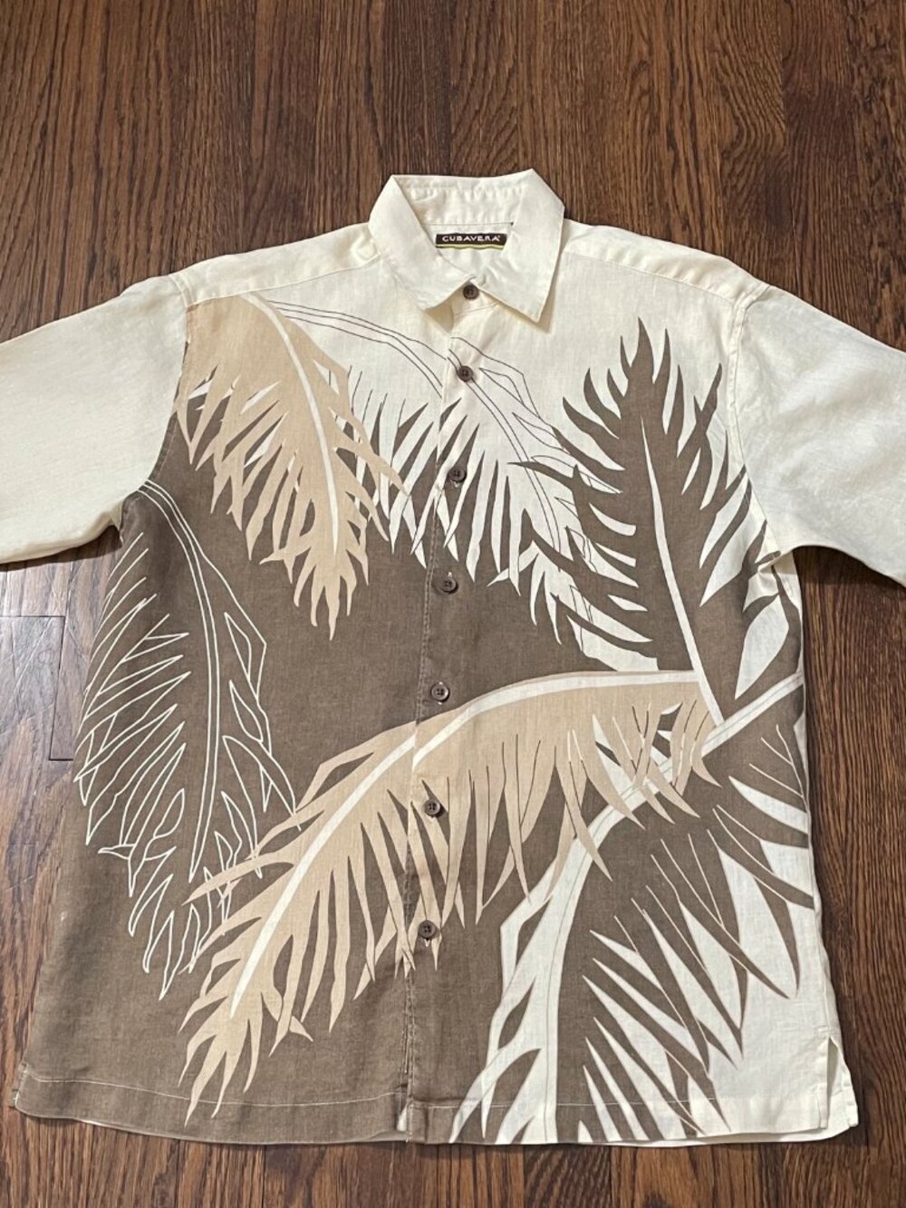 Cubavera Linen Hawaiian Camp Shirt Mens Medium Beige Brown Tropical Aloha